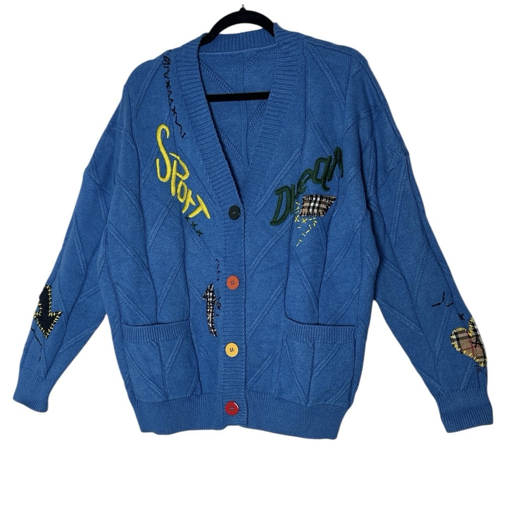 Ebossy Cardigan Women's XL Blue Cable Knit Button Down Embroidered Sport Stretch